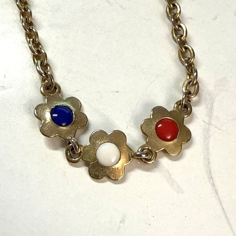 VTG Gold Tone Flower Link 58”  Necklace W/ Red White & Blue Enamel Flowers